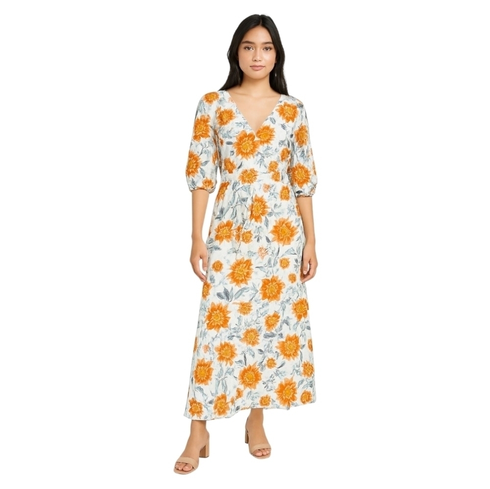 Anthropologie Abel The Label Cream Floral Flutter Sleeves Ruffle Hem Maxi Small